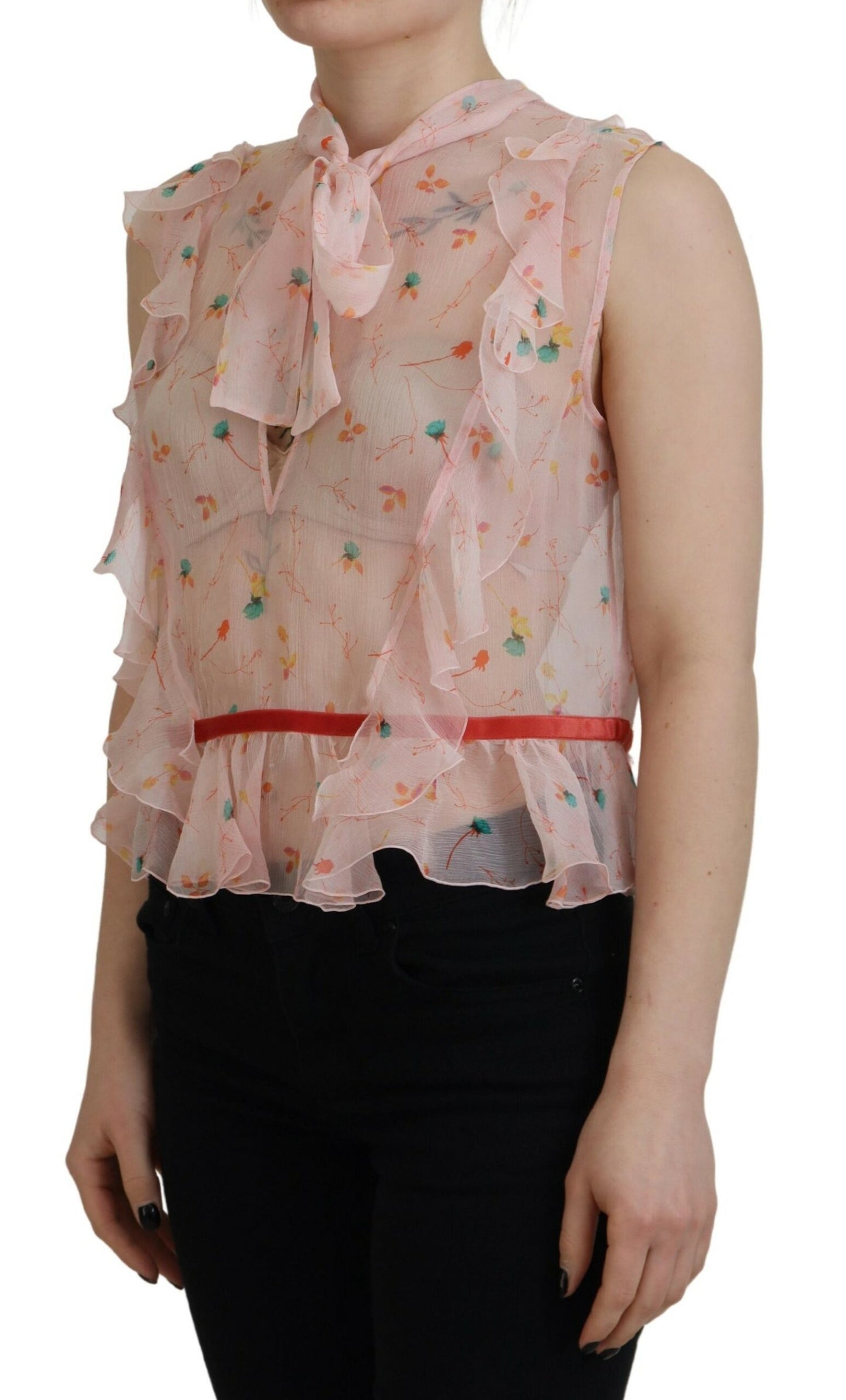 - Pink Floral Print Silk Sleeveless Ascot Collar Top