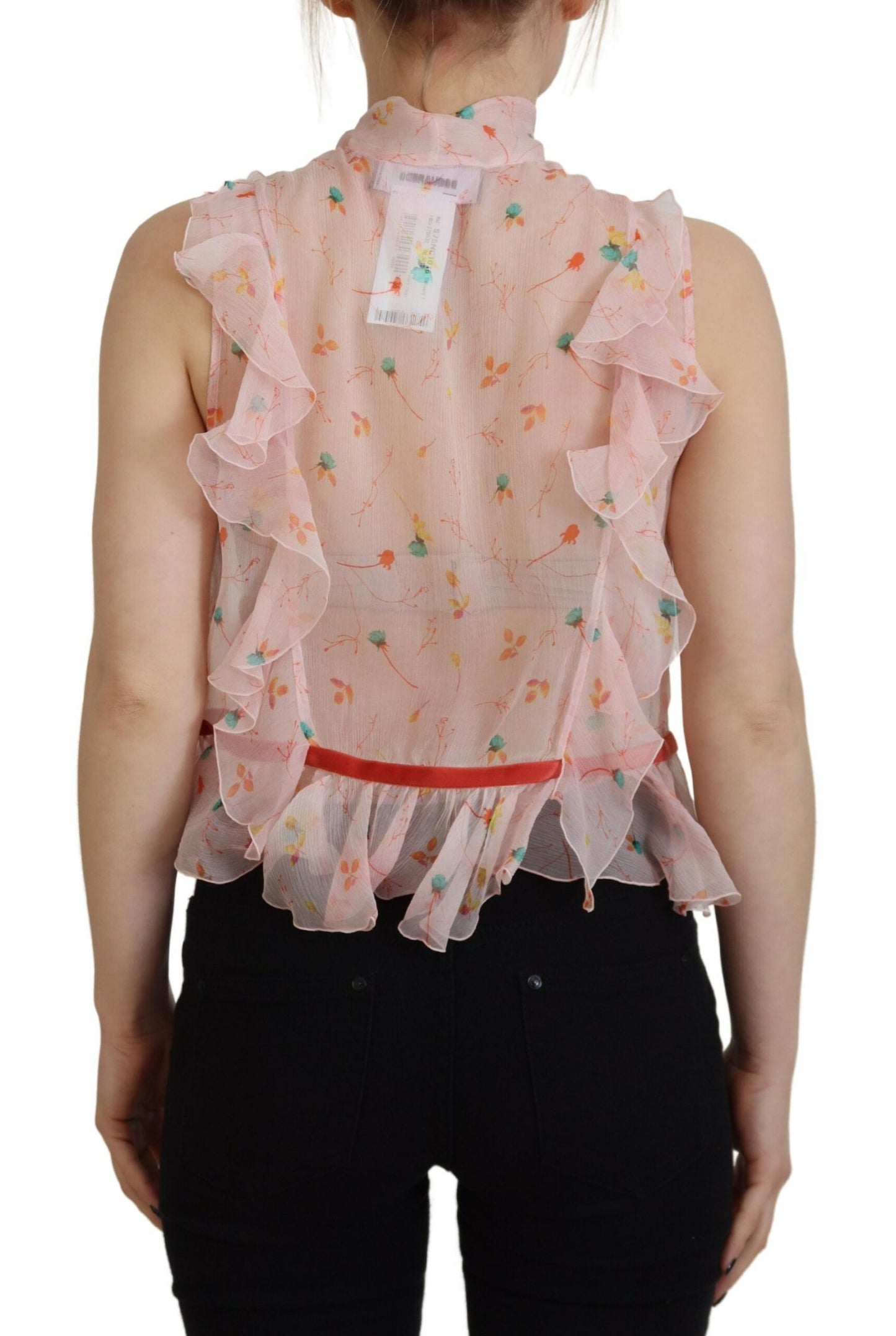 - Pink Floral Print Silk Sleeveless Ascot Collar Top