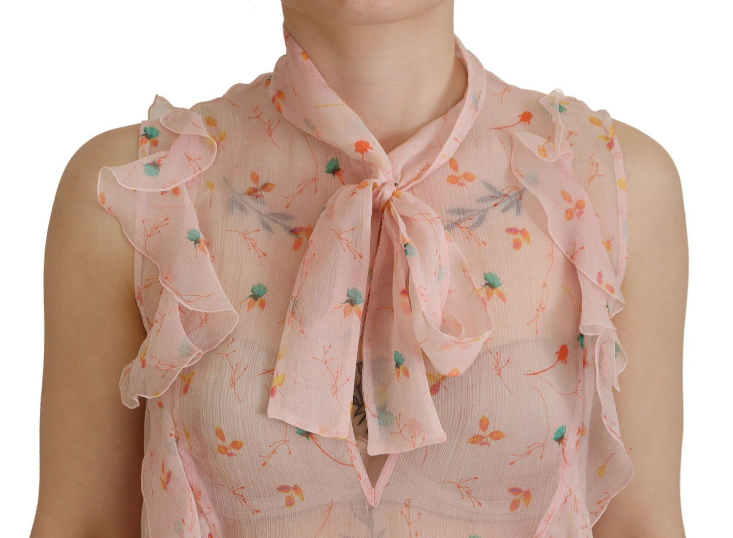 - Pink Floral Print Silk Sleeveless Ascot Collar Top