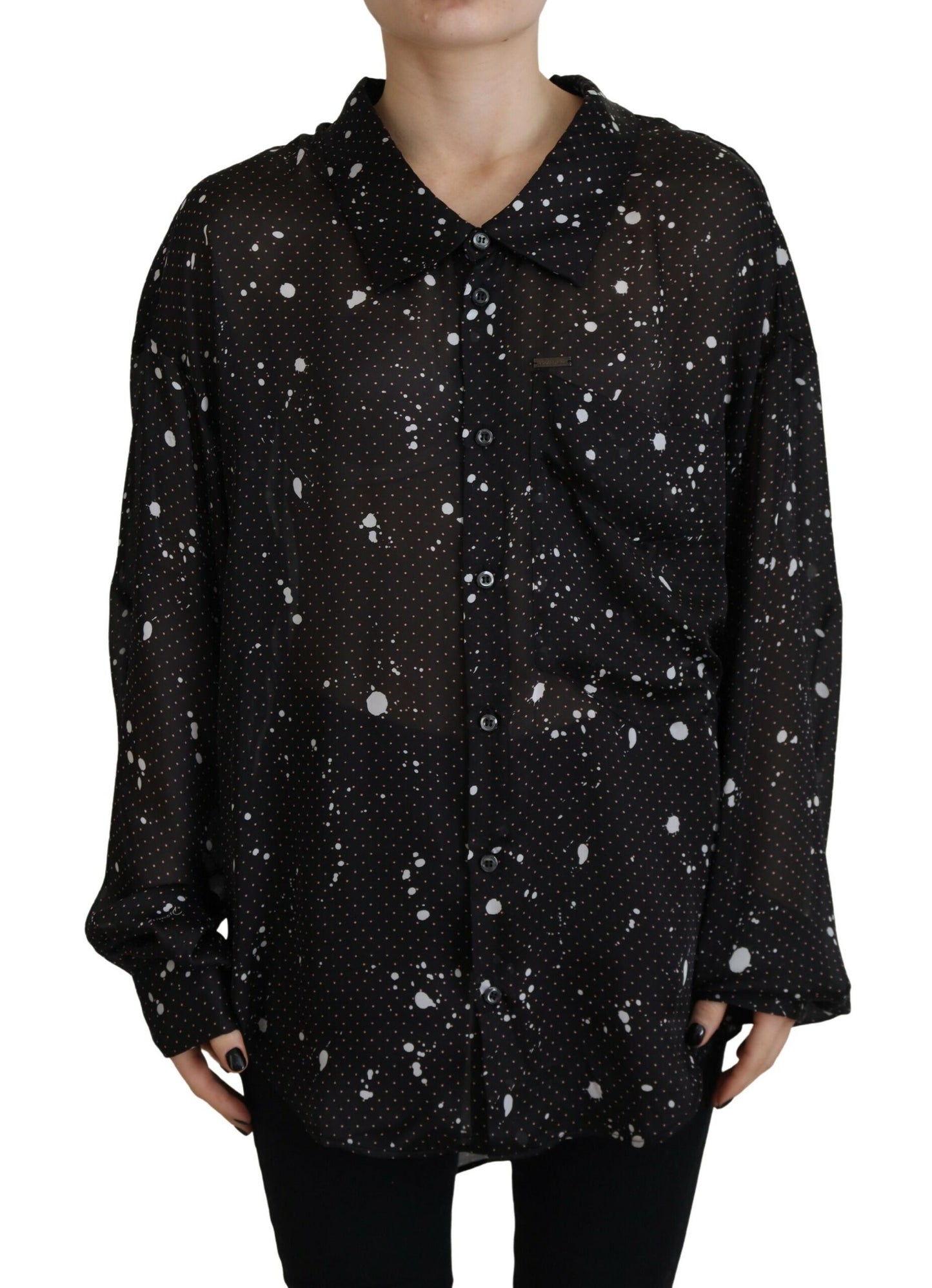 - Black Polka Dots Collared Button Down Blouse Top