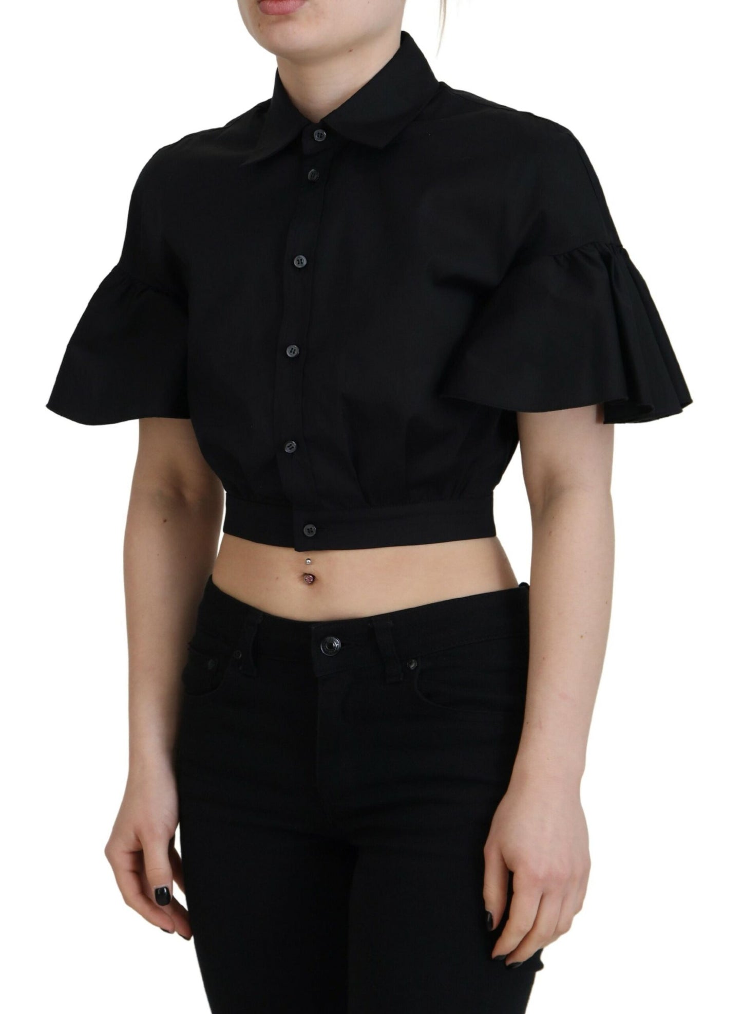 - Black Collared Button Down Short Sleeve Cropped Top
