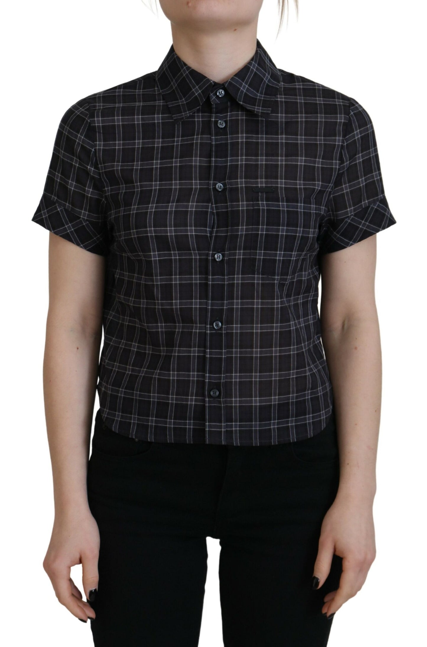 - Black Checkered Collared Button Short Sleeves Top