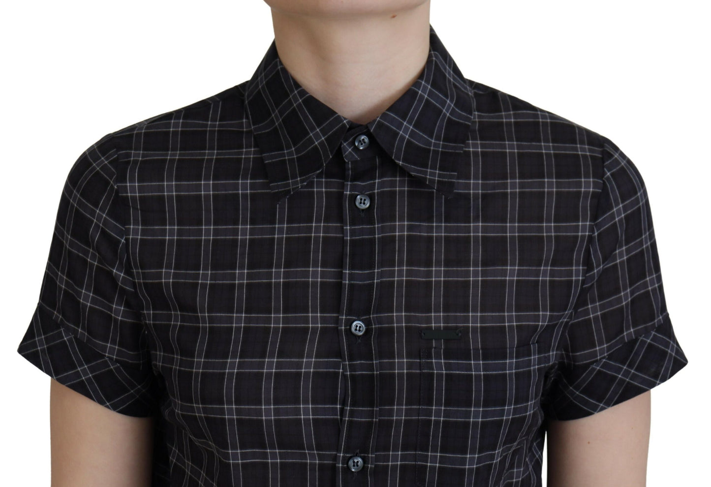 - Black Checkered Collared Button Short Sleeves Top