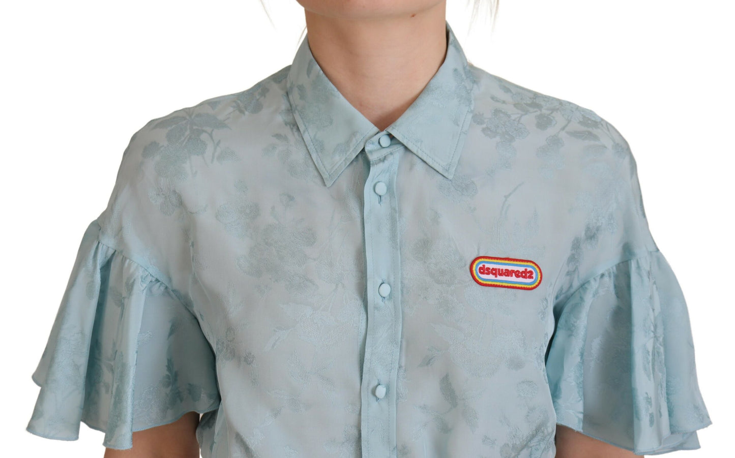 - Blue Collared Button Down Short Sleeve Cropped Top