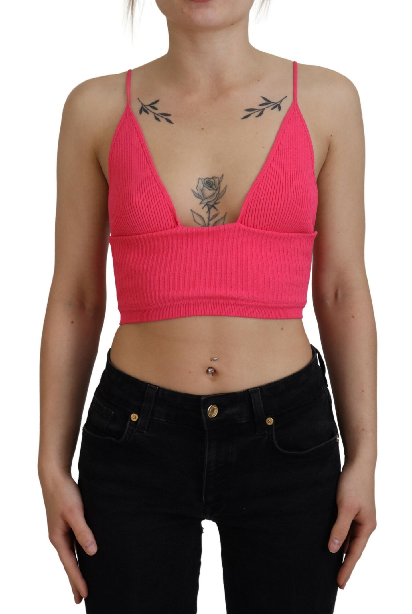 - Pink Ribbed Knit Bra Cropped Spaghetti Strap Top