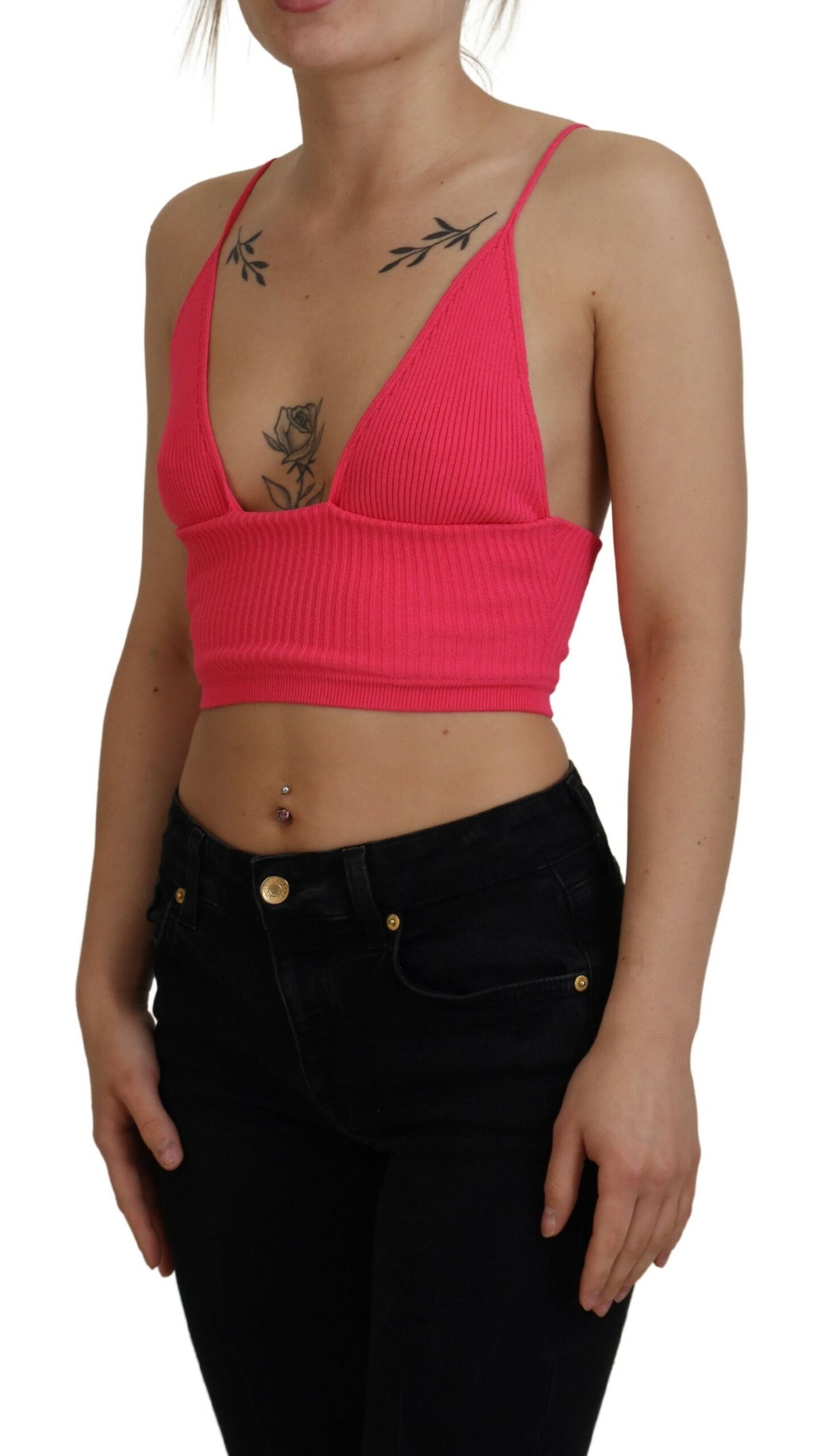 - Pink Ribbed Knit Bra Cropped Spaghetti Strap Top