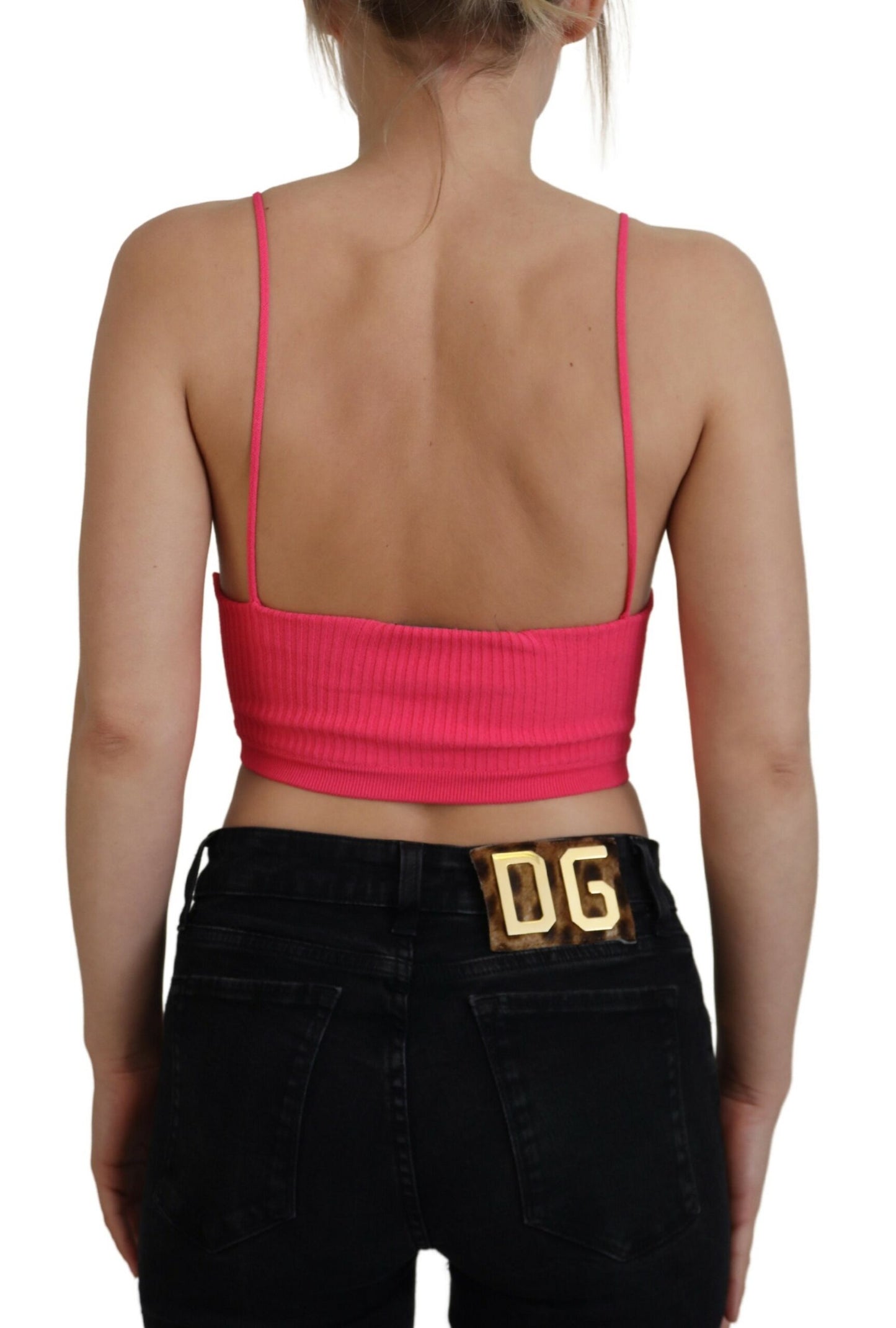- Pink Ribbed Knit Bra Cropped Spaghetti Strap Top
