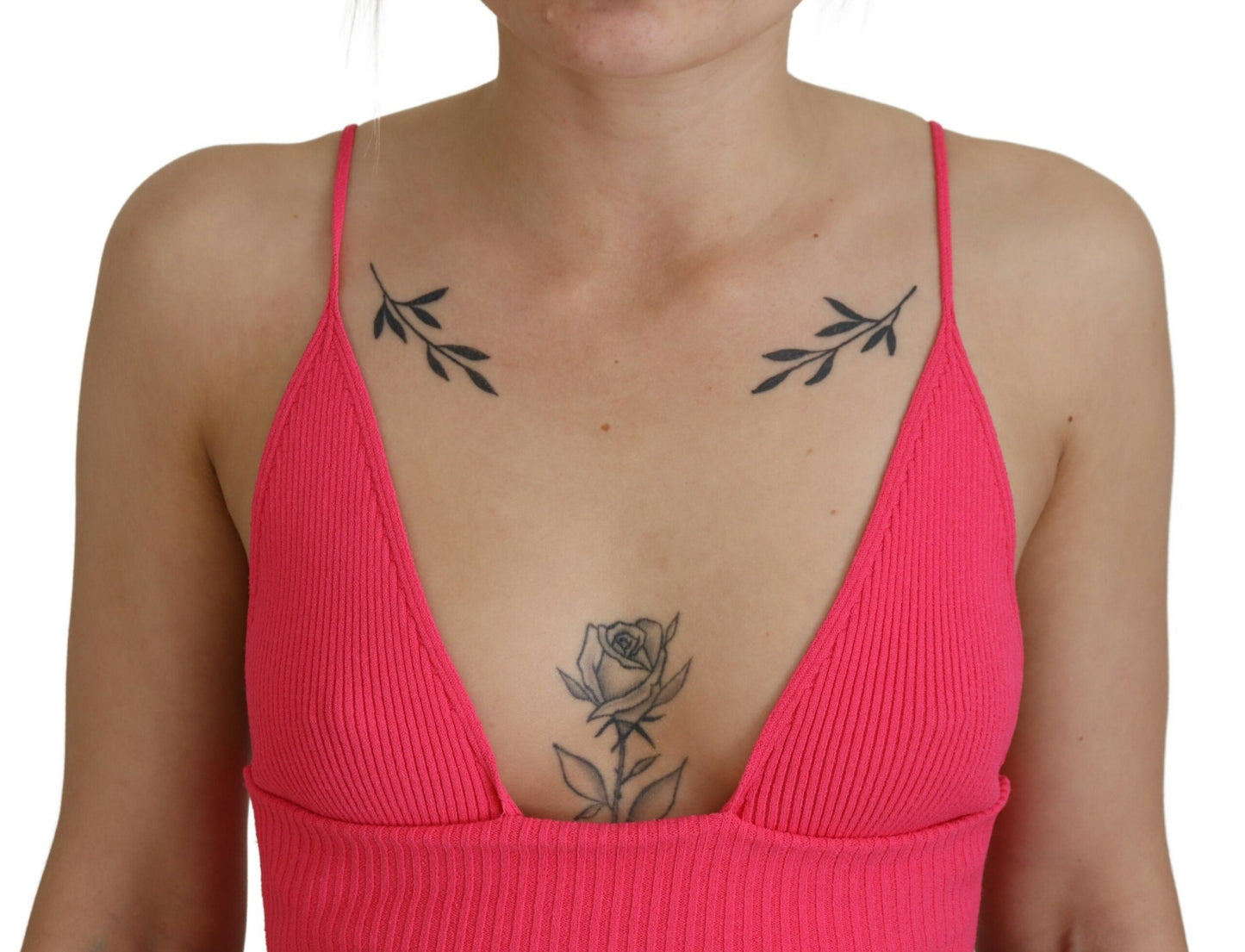 - Pink Ribbed Knit Bra Cropped Spaghetti Strap Top