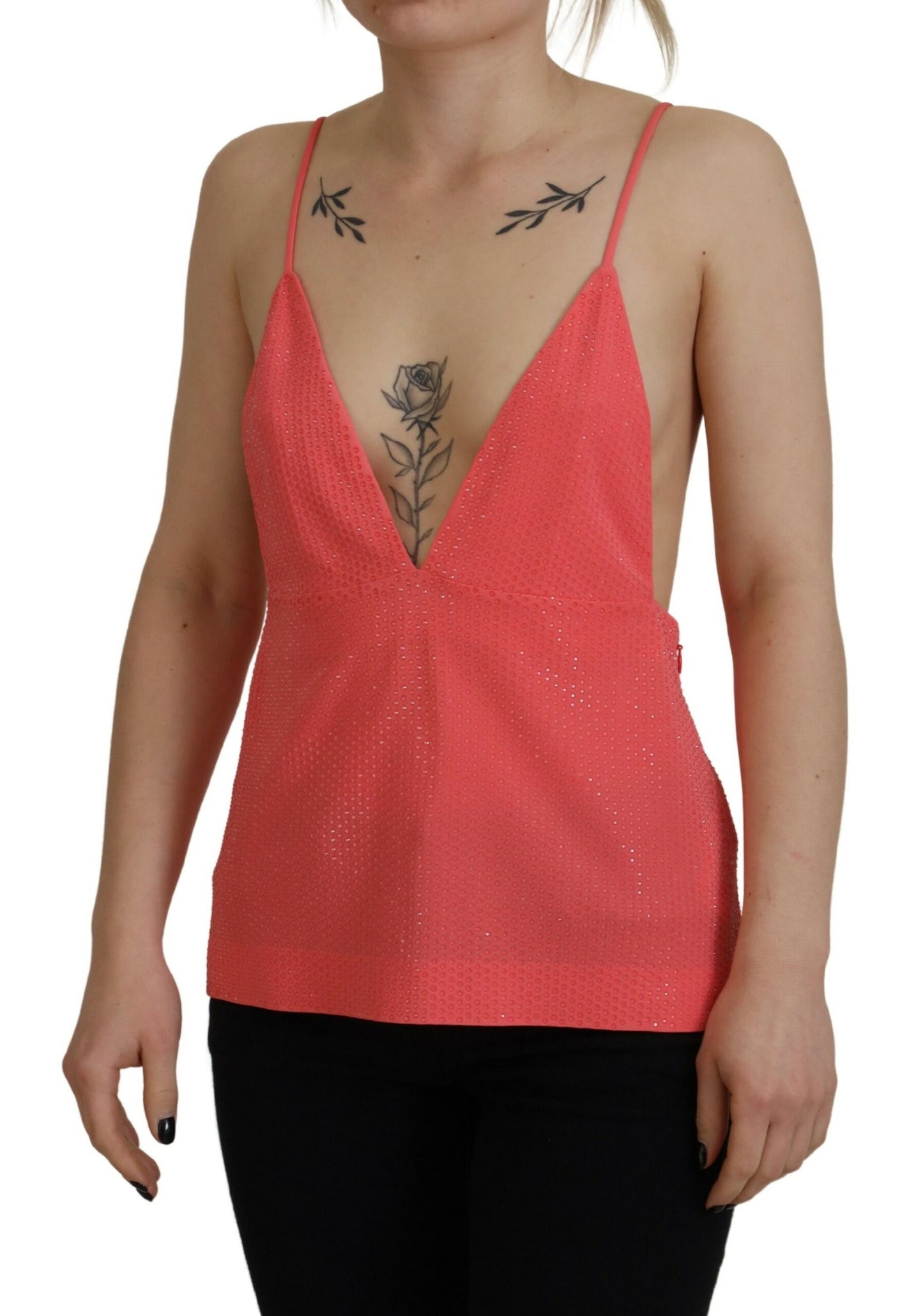 - Pink Sleeveless Spaghetti Strap Cami V-neck Top