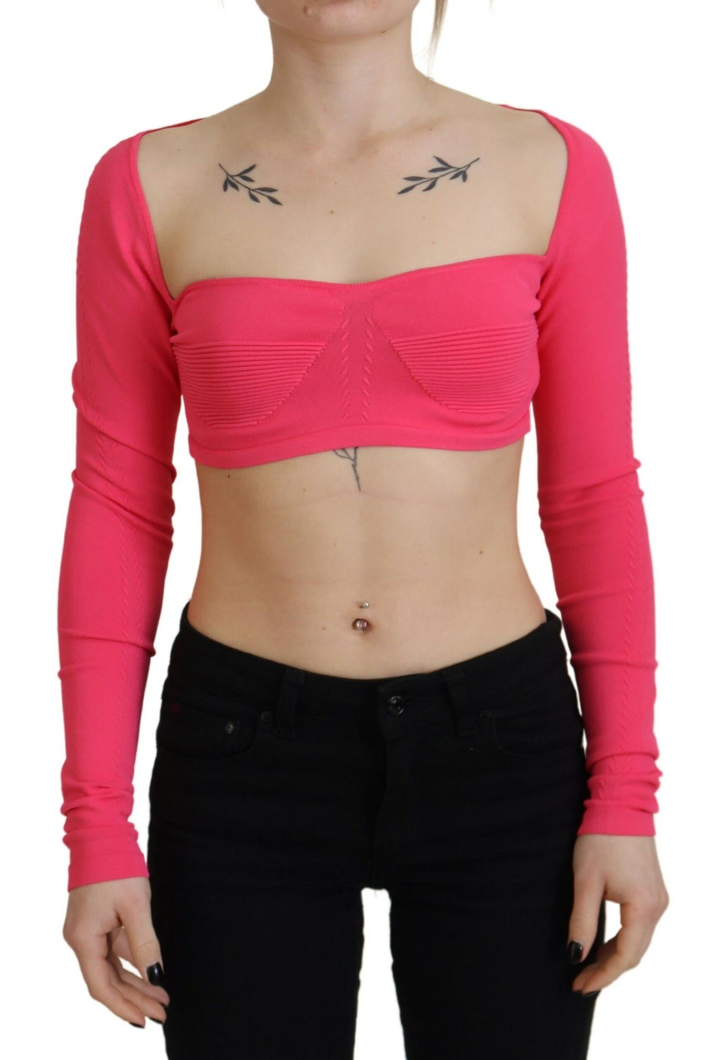 - Pink Viscose Knit Square Neck Long Sleeves Top
