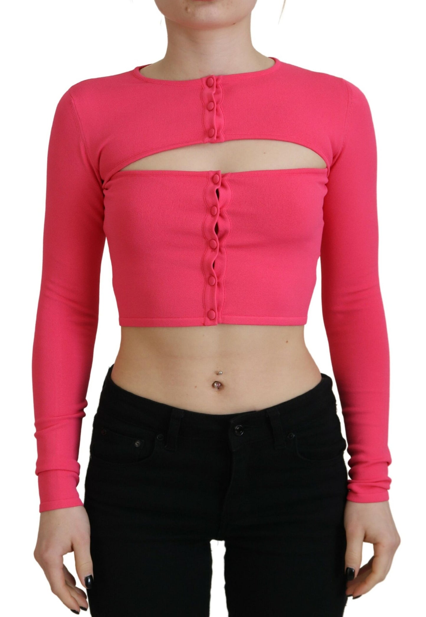 - Pink Viscose Knit Open Chest Long Sleeves Top