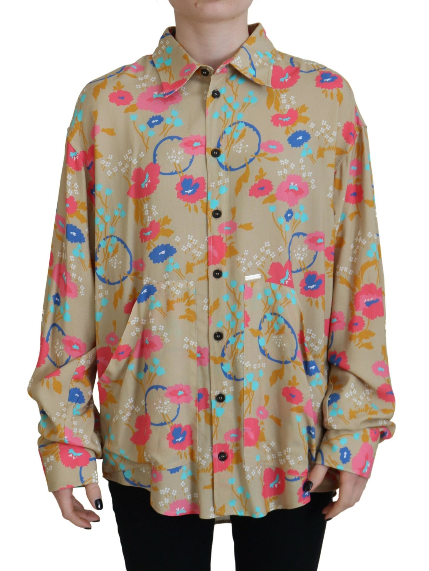 - Beige Floral Collared Button Down Long Sleeves Shirt