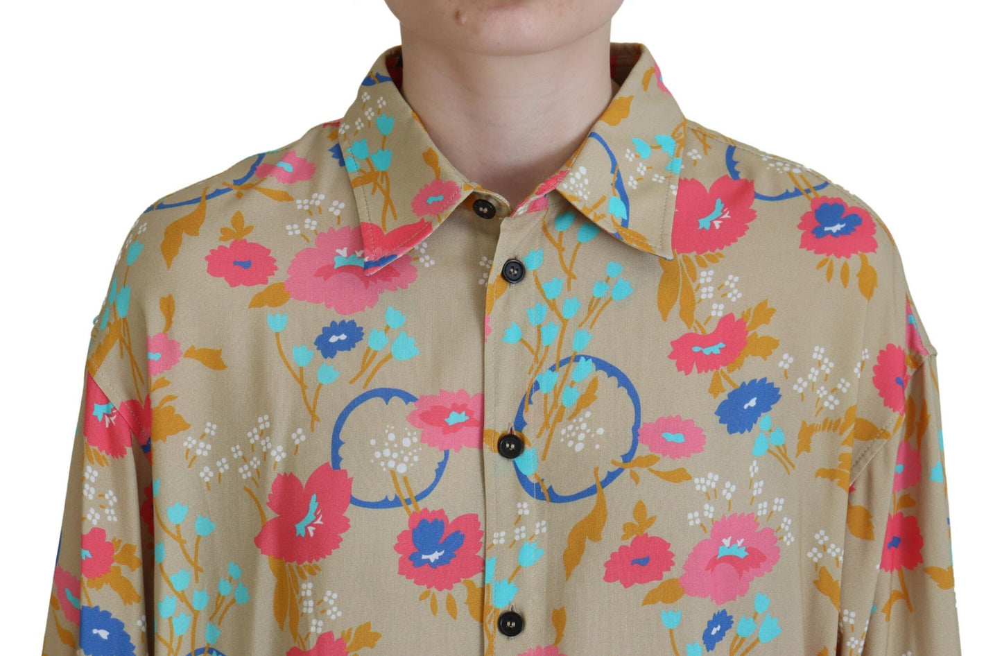 - Beige Floral Collared Button Down Long Sleeves Shirt