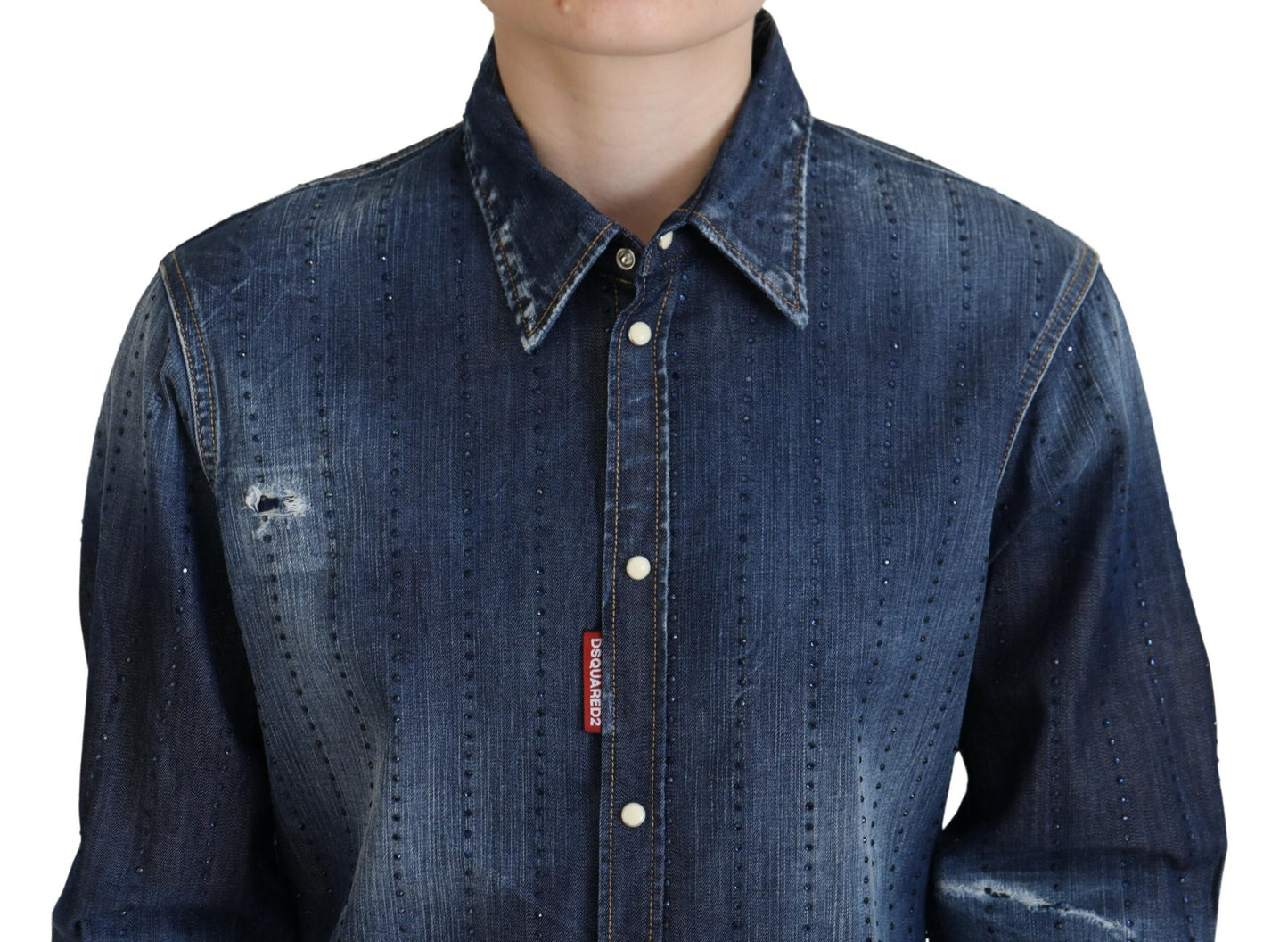 - Blue Washed Cotton Button Down Collared Denim Top