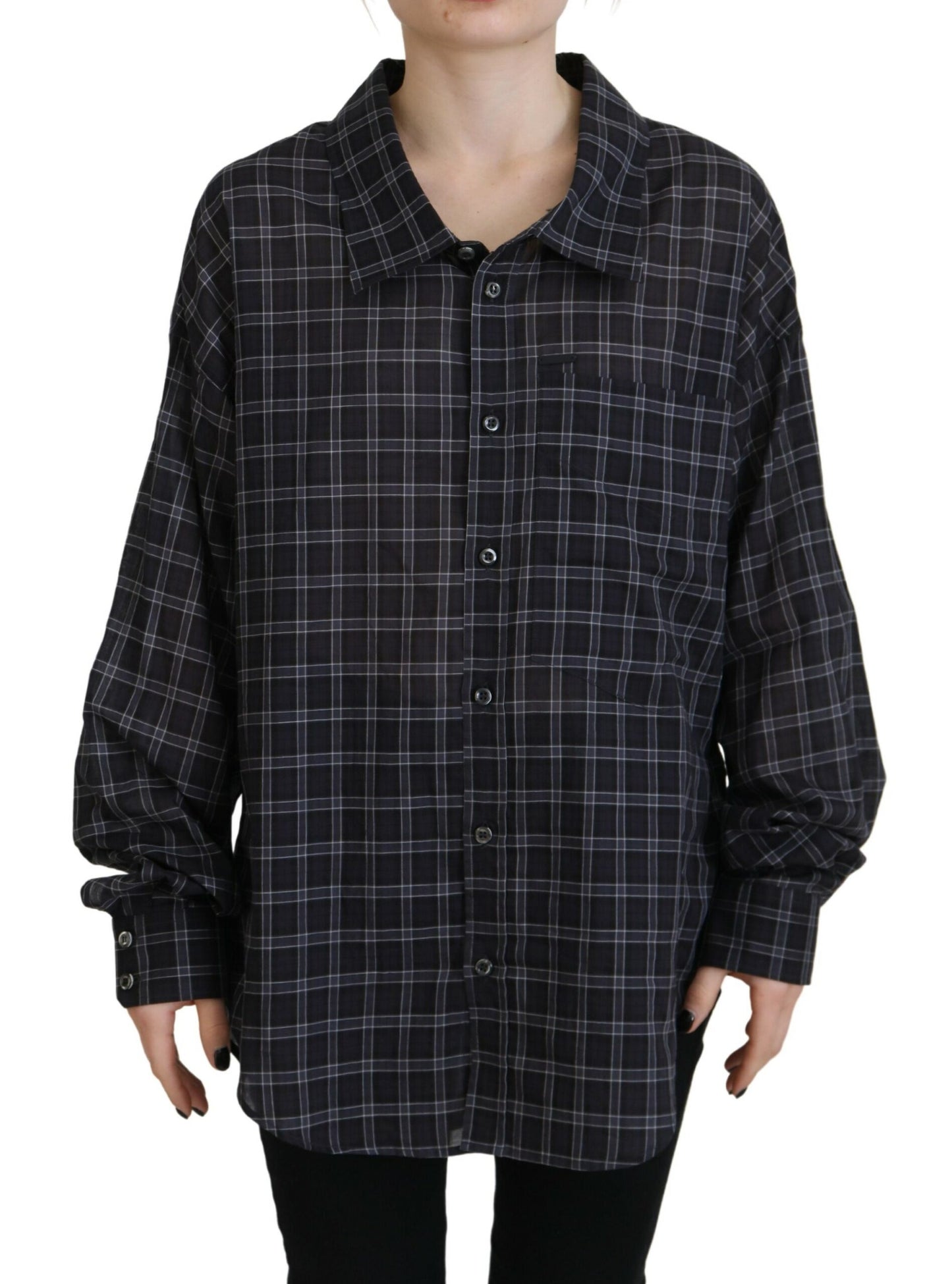 - Black Checkered Collared Button Long Sleeves Shirt