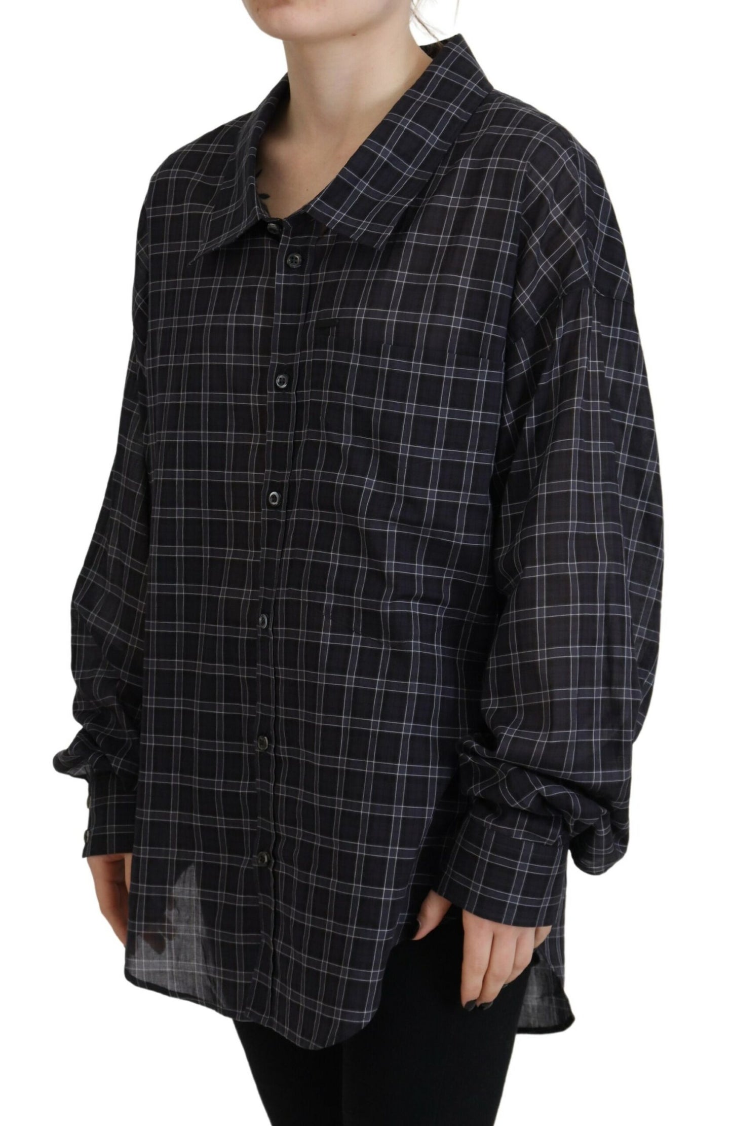 - Black Checkered Collared Button Long Sleeves Shirt