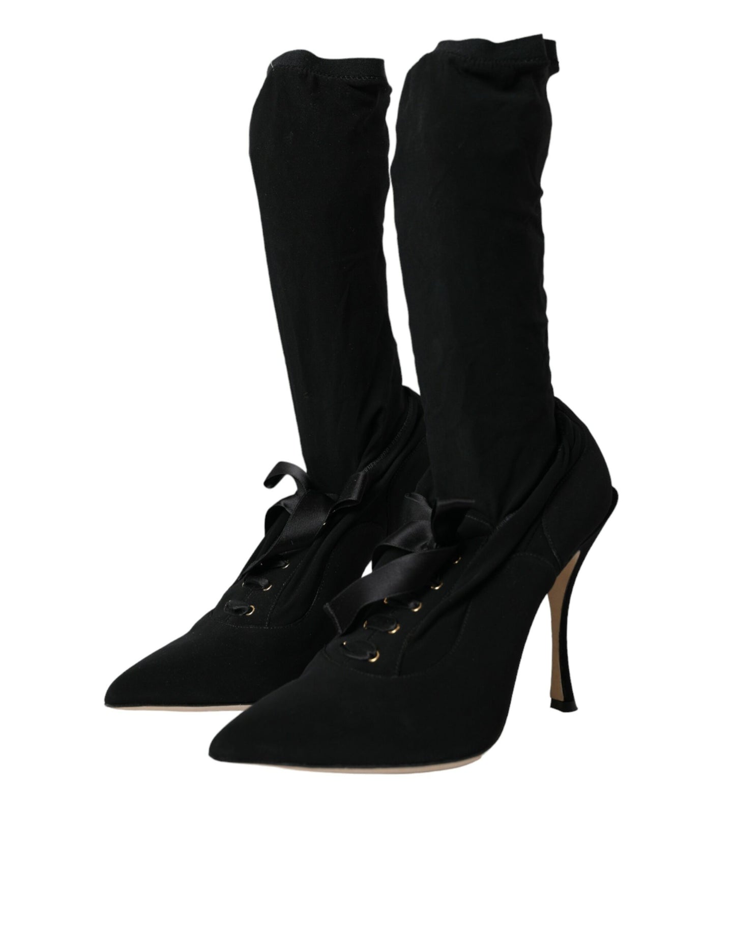 - Black Stiletto Heels Mid Calf Boots Shoes