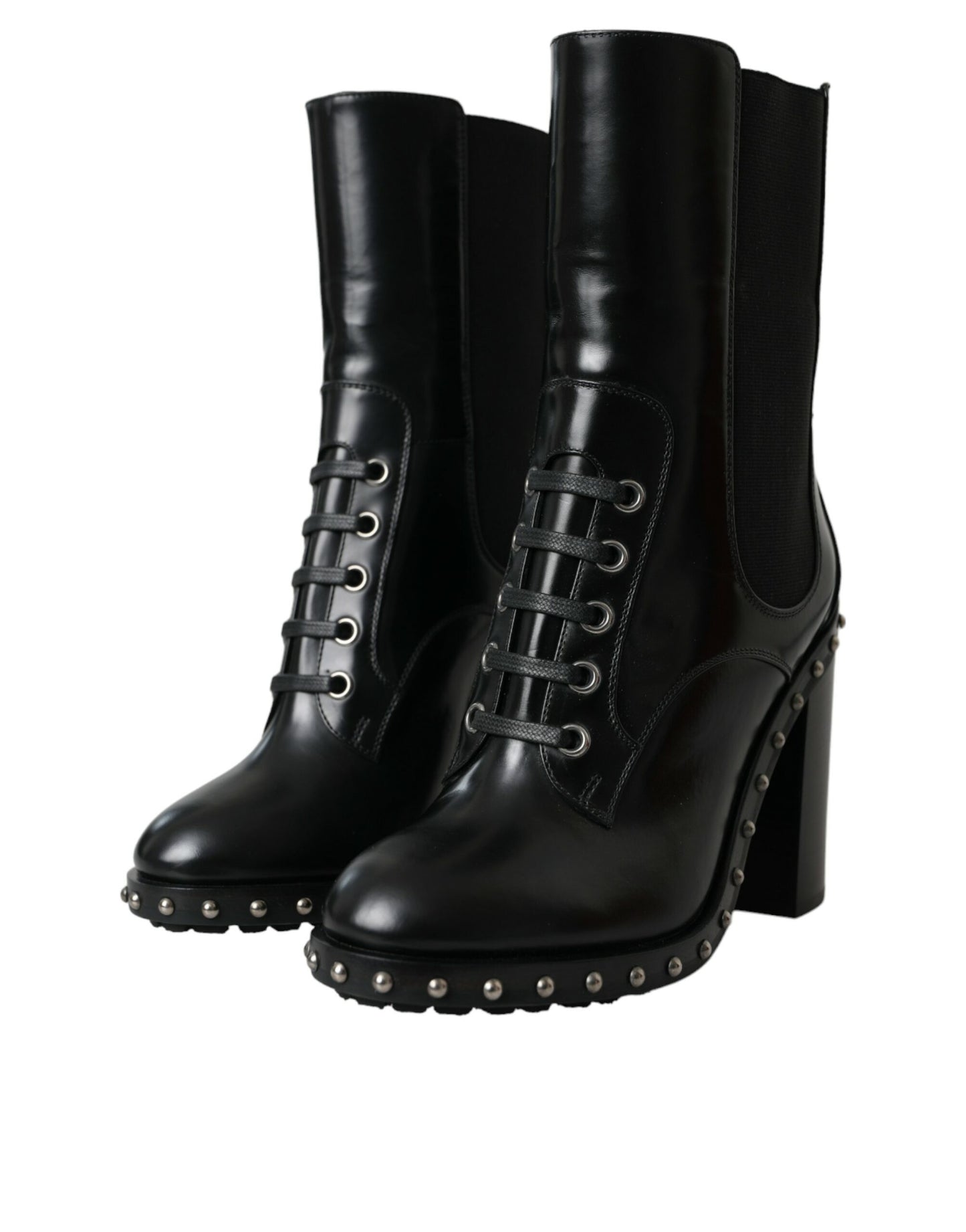 - Black Leather Studded Lace Up Boots Shoes