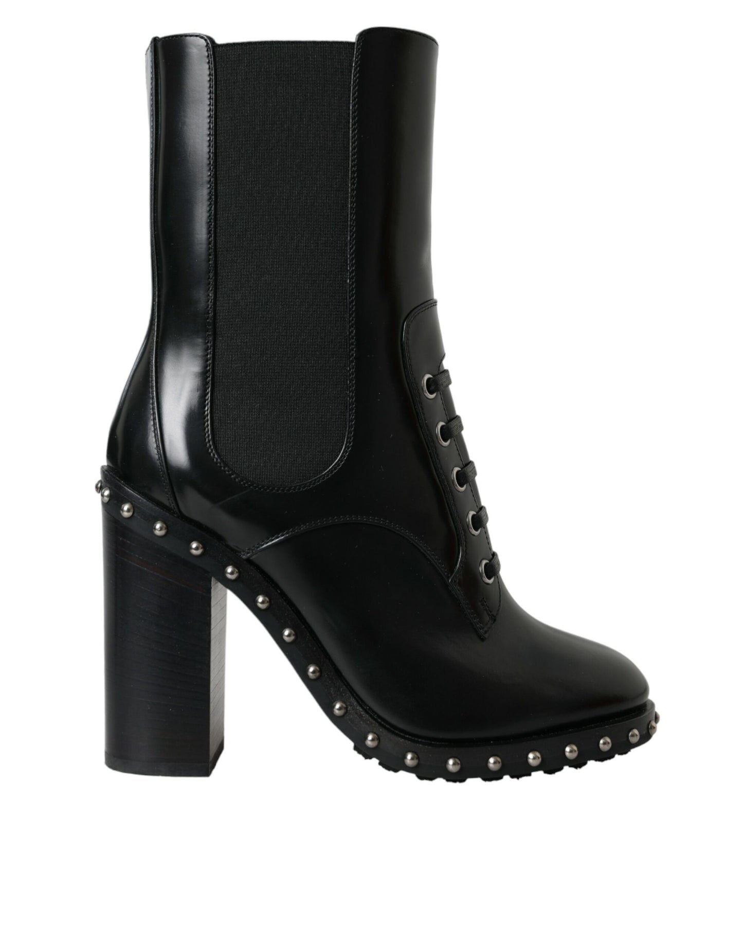 - Black Leather Studded Lace Up Boots Shoes