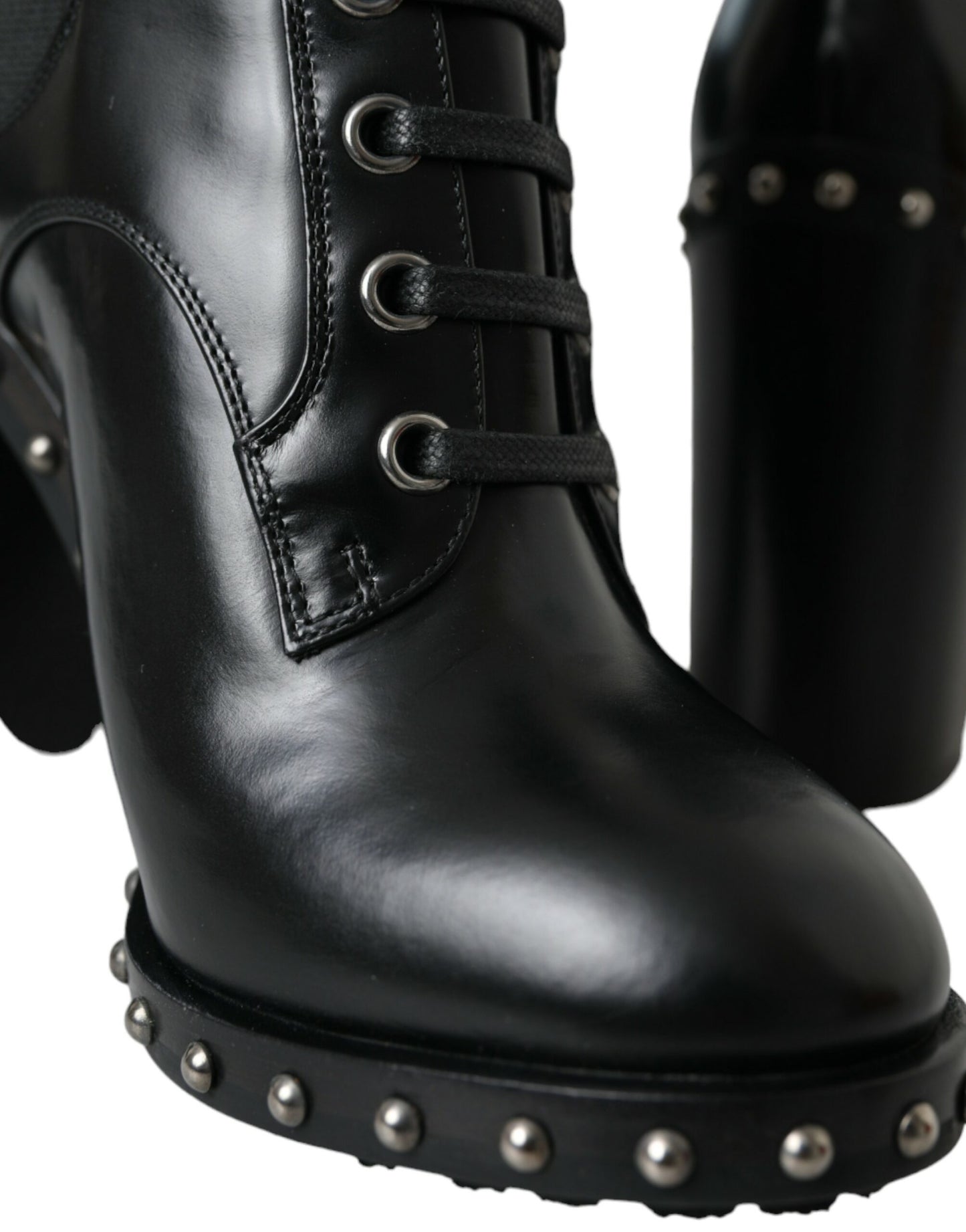 - Black Leather Studded Lace Up Boots Shoes