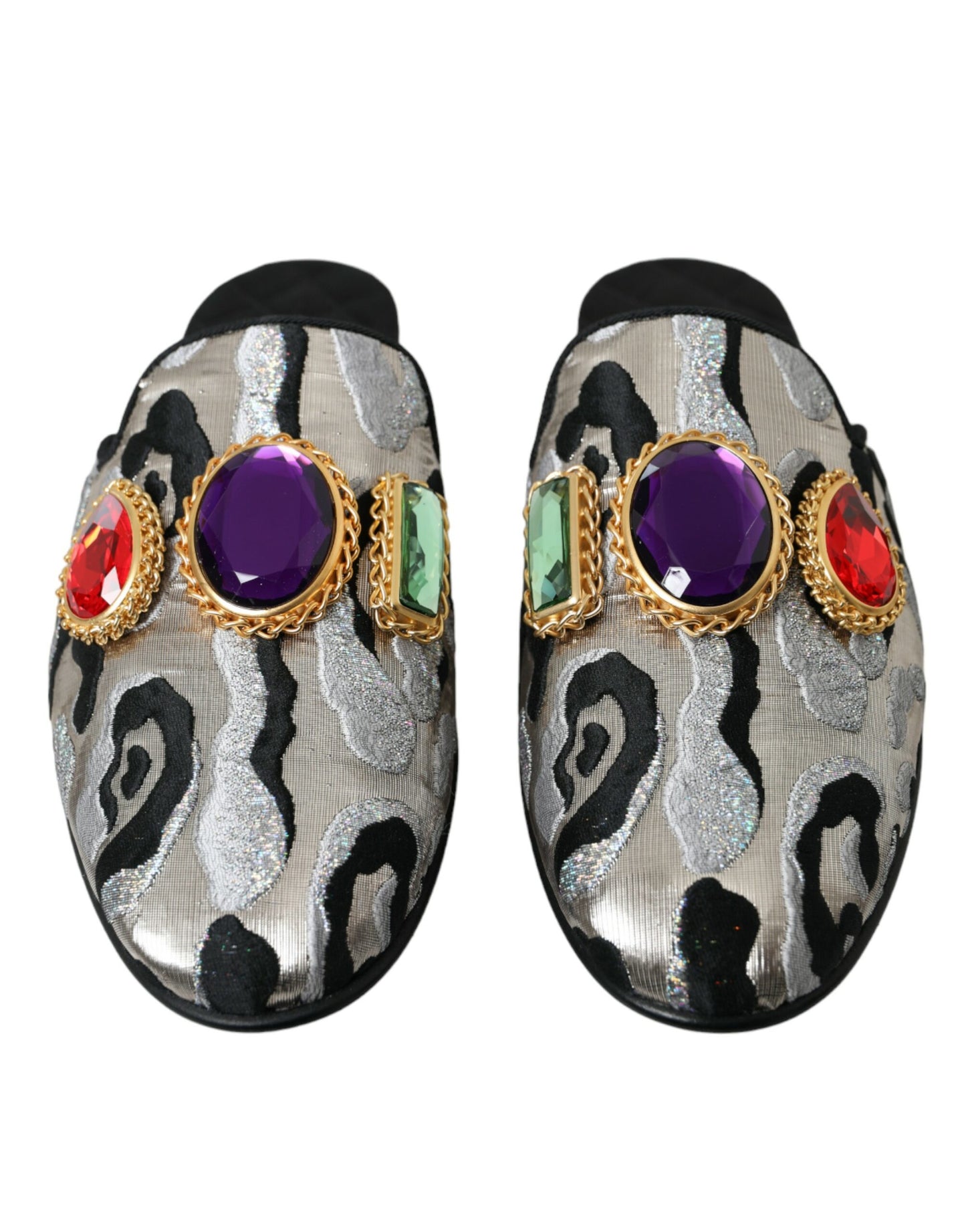 Dolce & Gabbana Gray Jacquard Crystal Mule Flat Sandals