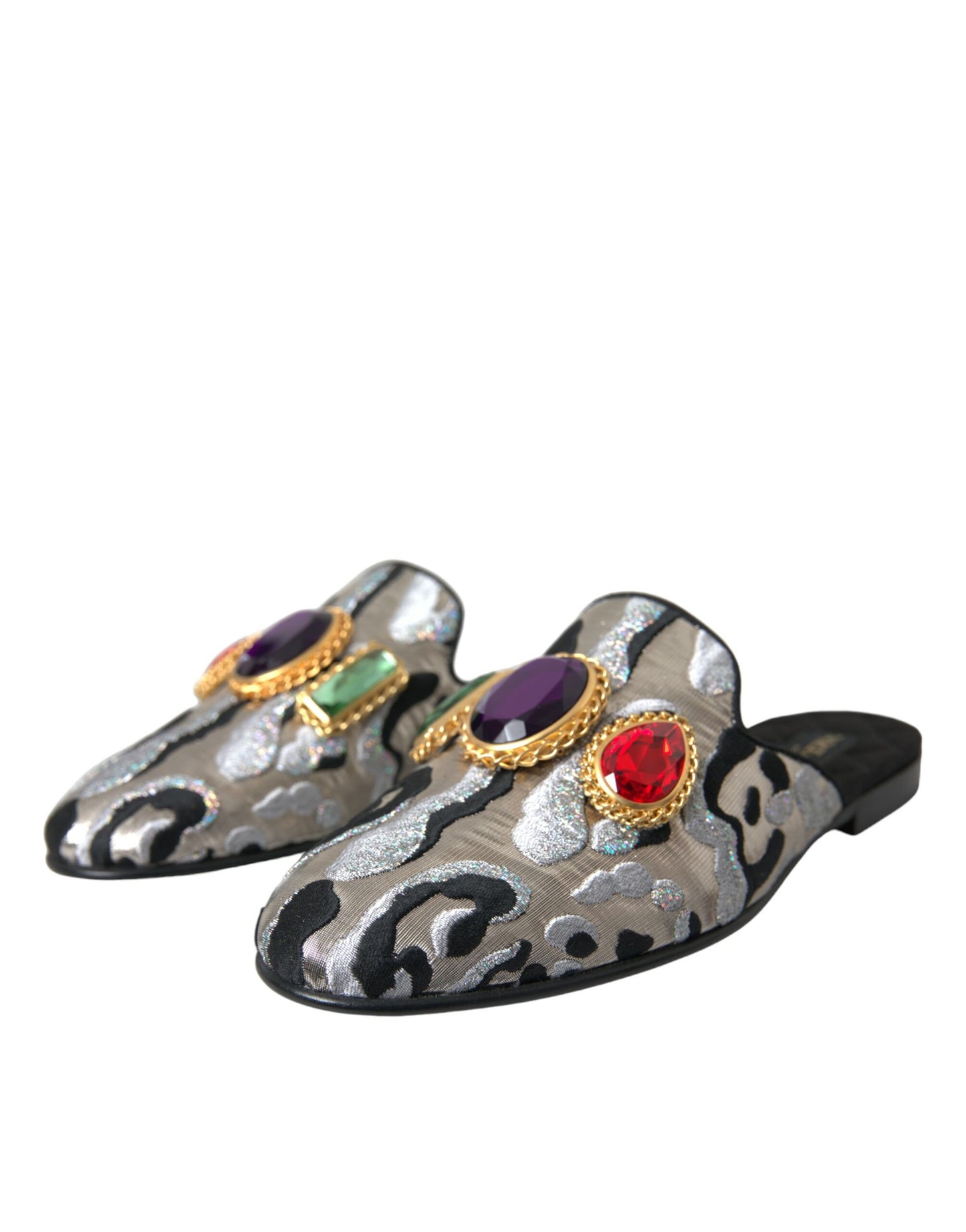 Dolce & Gabbana Gray Jacquard Crystal Mule Flat Sandals