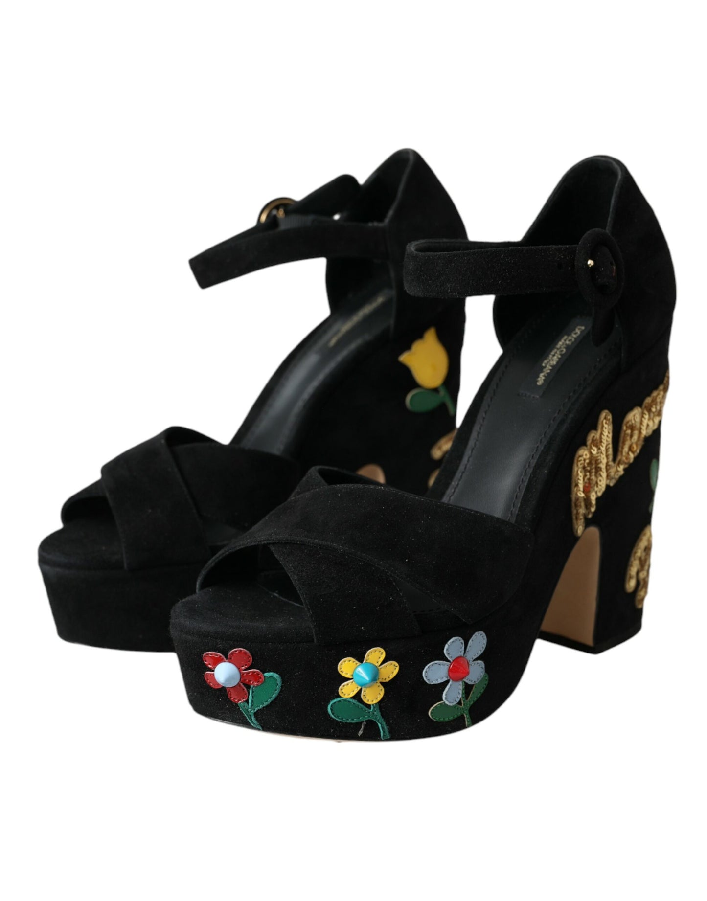 Dolce & Gabbana Black Floral Ankle Strap Heels Sandals
