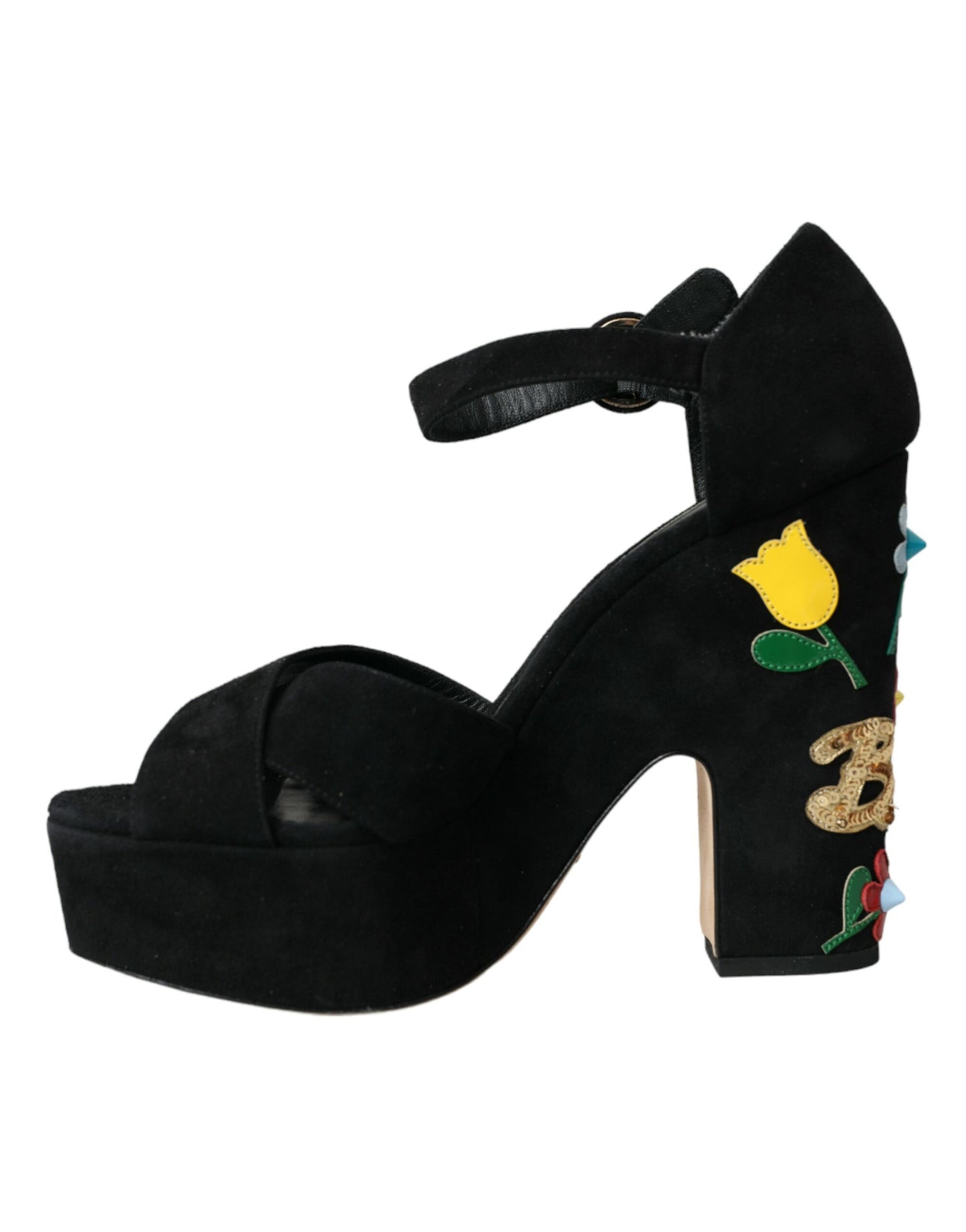 Dolce & Gabbana Black Floral Ankle Strap Heels Sandals