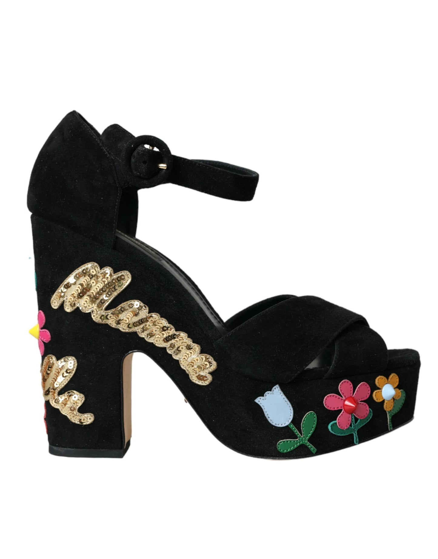 Dolce & Gabbana Black Floral Ankle Strap Heels Sandals