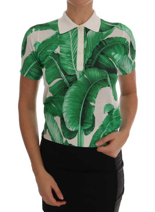 - Green Banana Print Silk Polo T-shirt