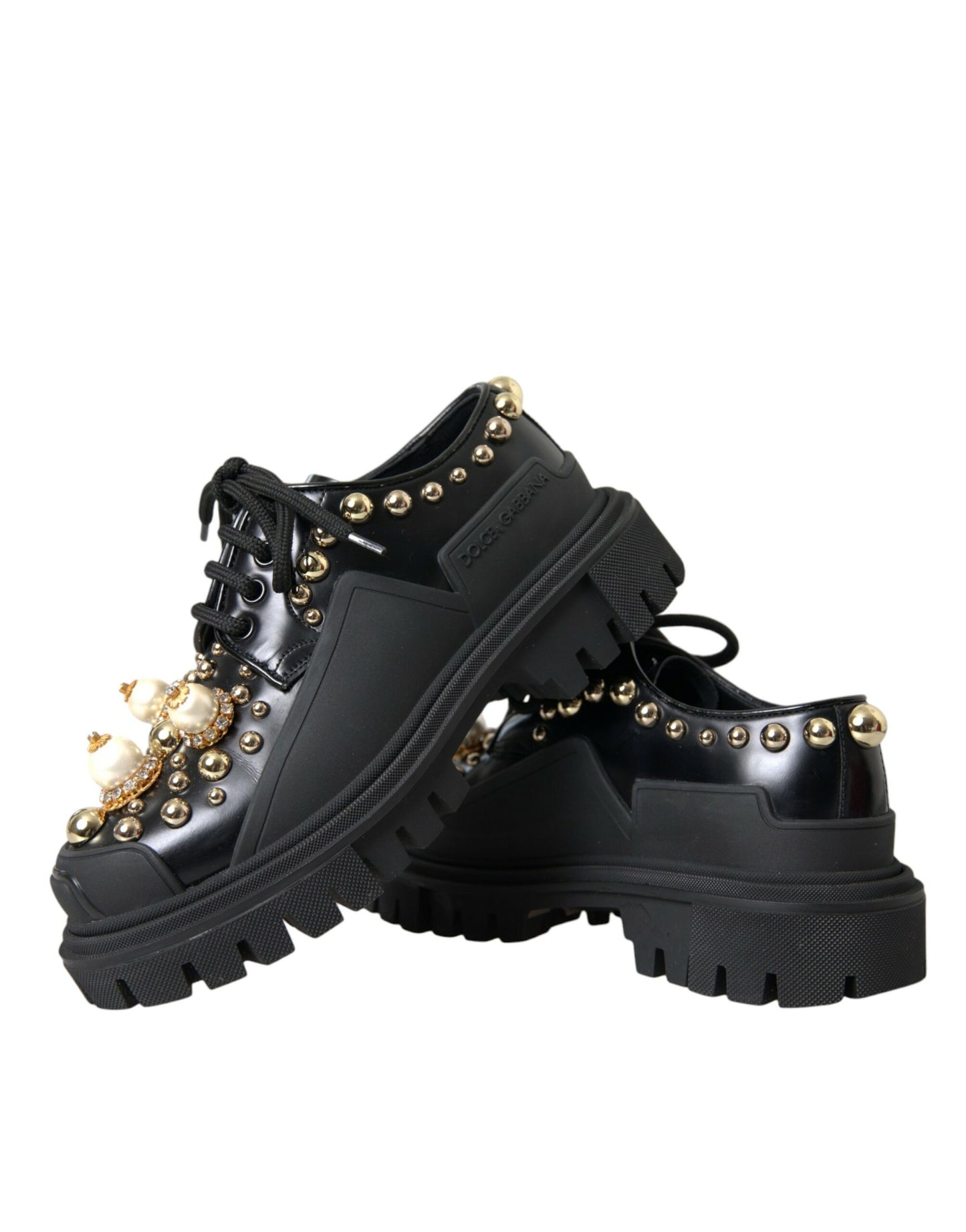 - Black Leather Trekking Derby Embellished Shoes