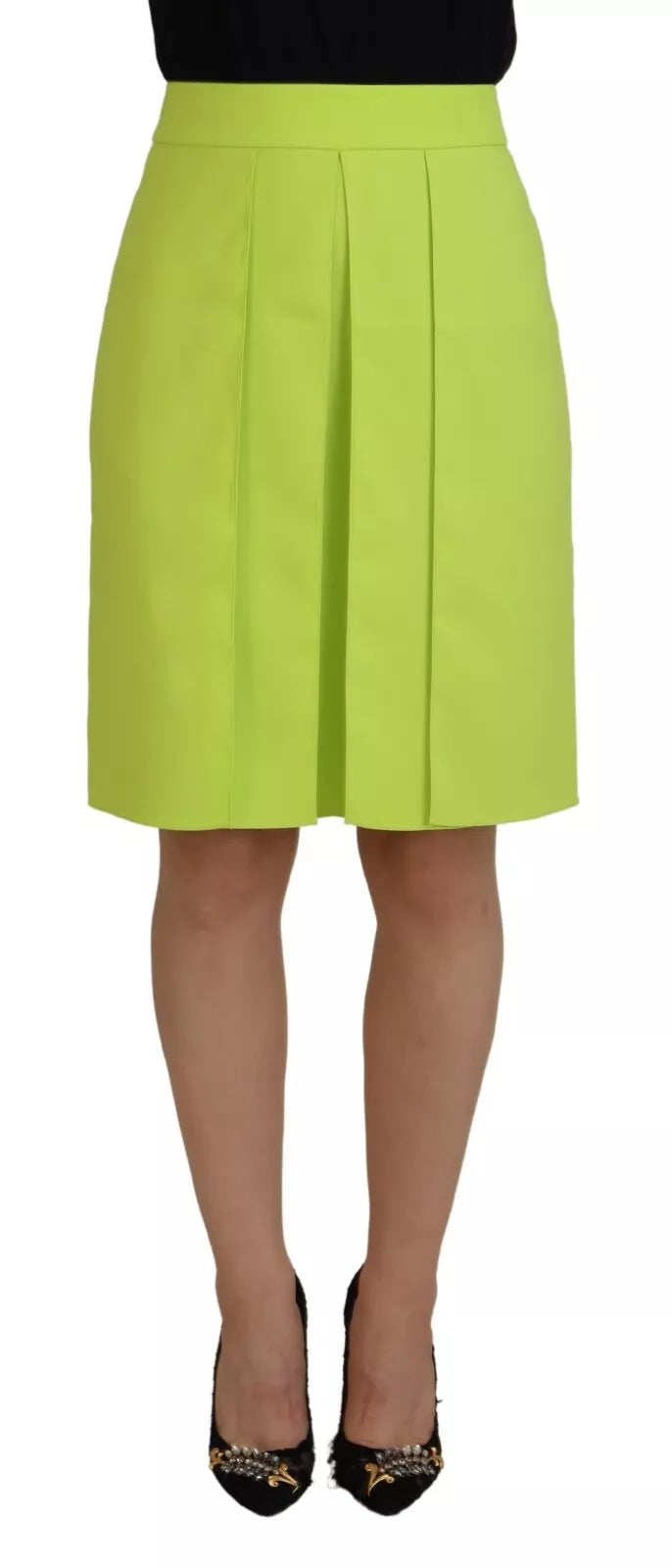 - Green High Waist Pleated A-line Knee Length Skirt