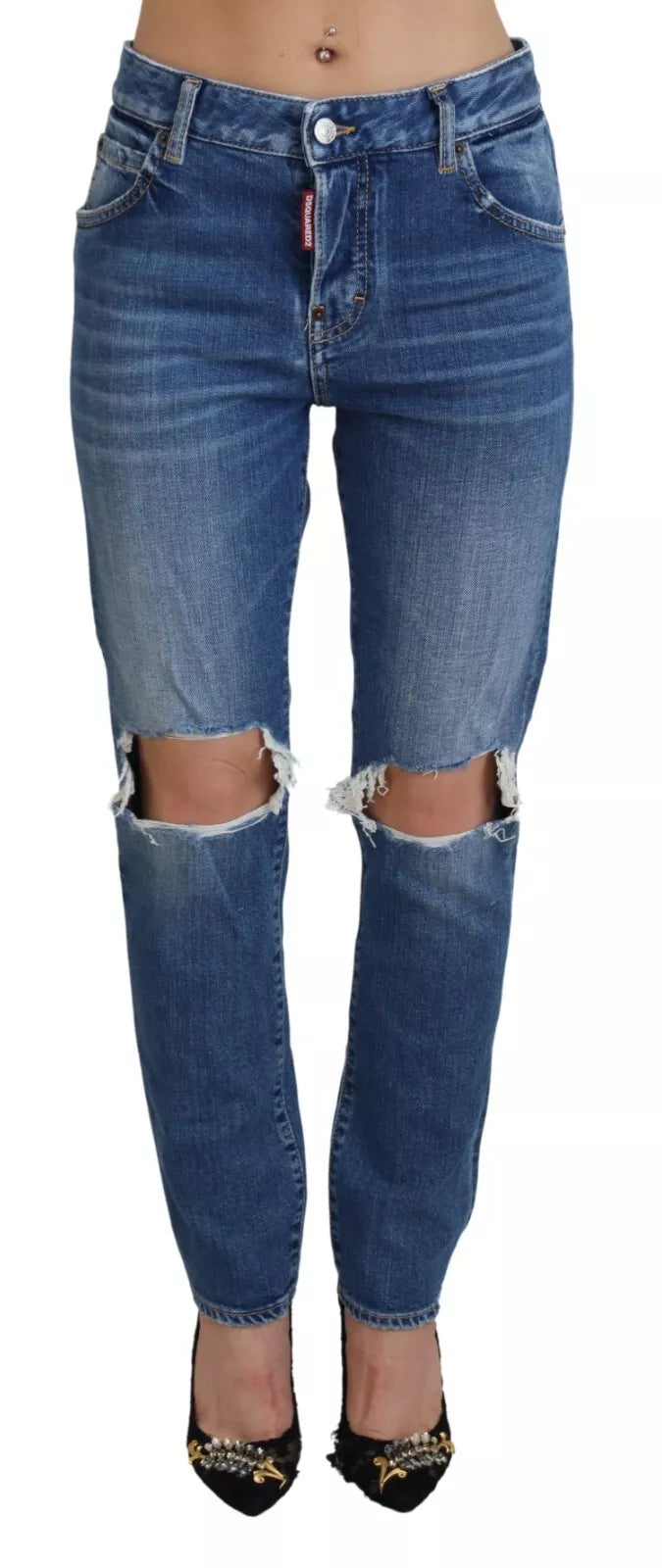 - Cool Girl Blue Distressed Mid Waist Denim Jeans