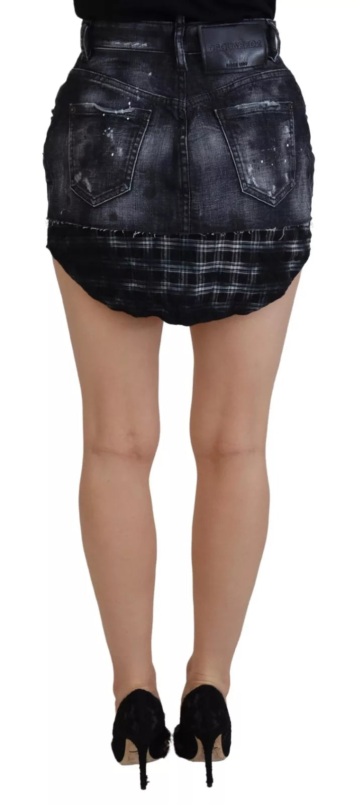 - Black Checkered High Waist A-line Denim Mini Skirt