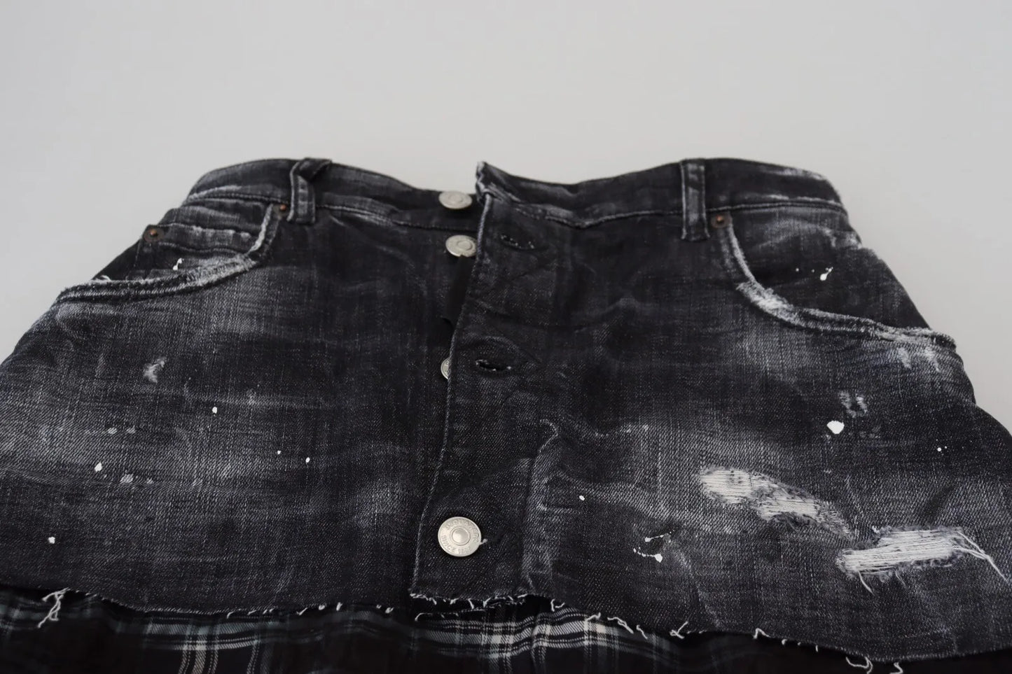 - Black Checkered High Waist A-line Denim Mini Skirt