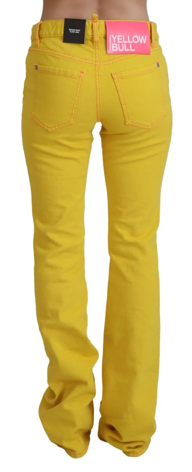 - Yellow Cotton Mid Waist Flare Denim Trouser Jeans