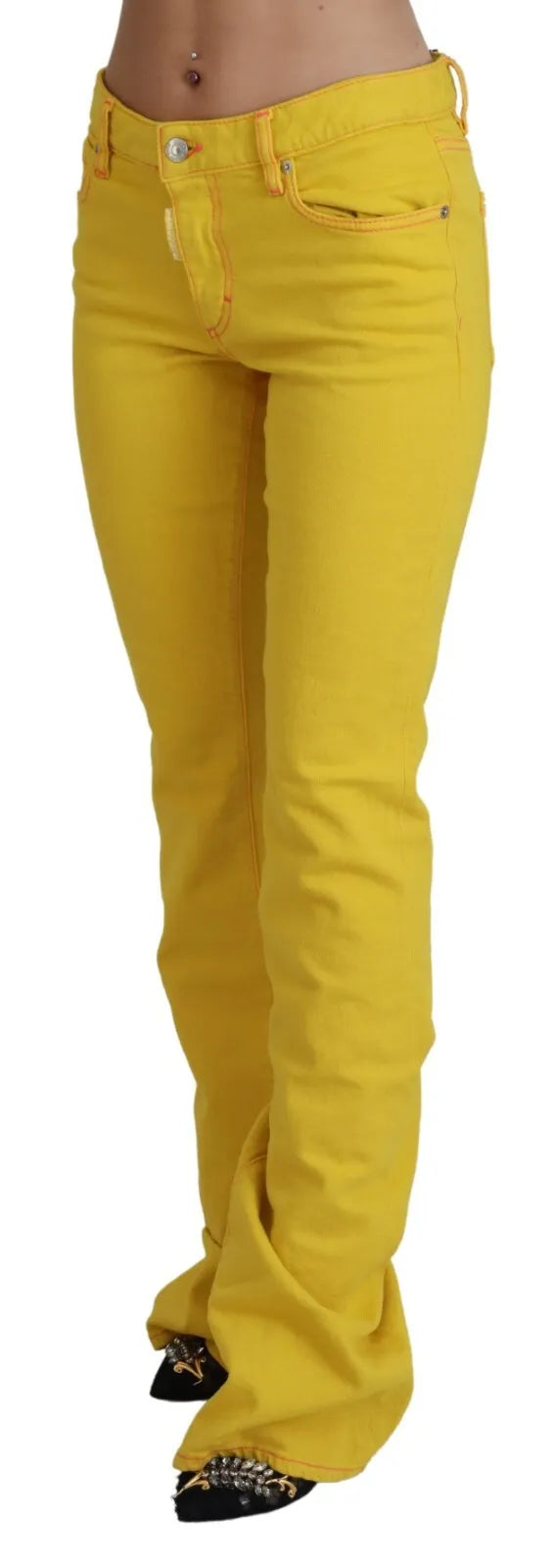 - Yellow Cotton Mid Waist Flare Denim Trouser Jeans