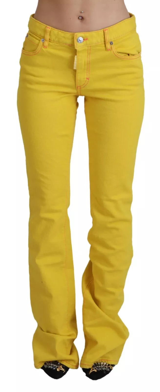 - Yellow Cotton Mid Waist Flare Denim Trouser Jeans