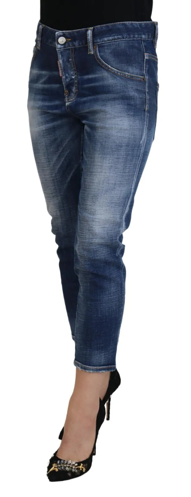 - Blue Cotton Mid Waist Cropped Denim Jeans Cool Girl
