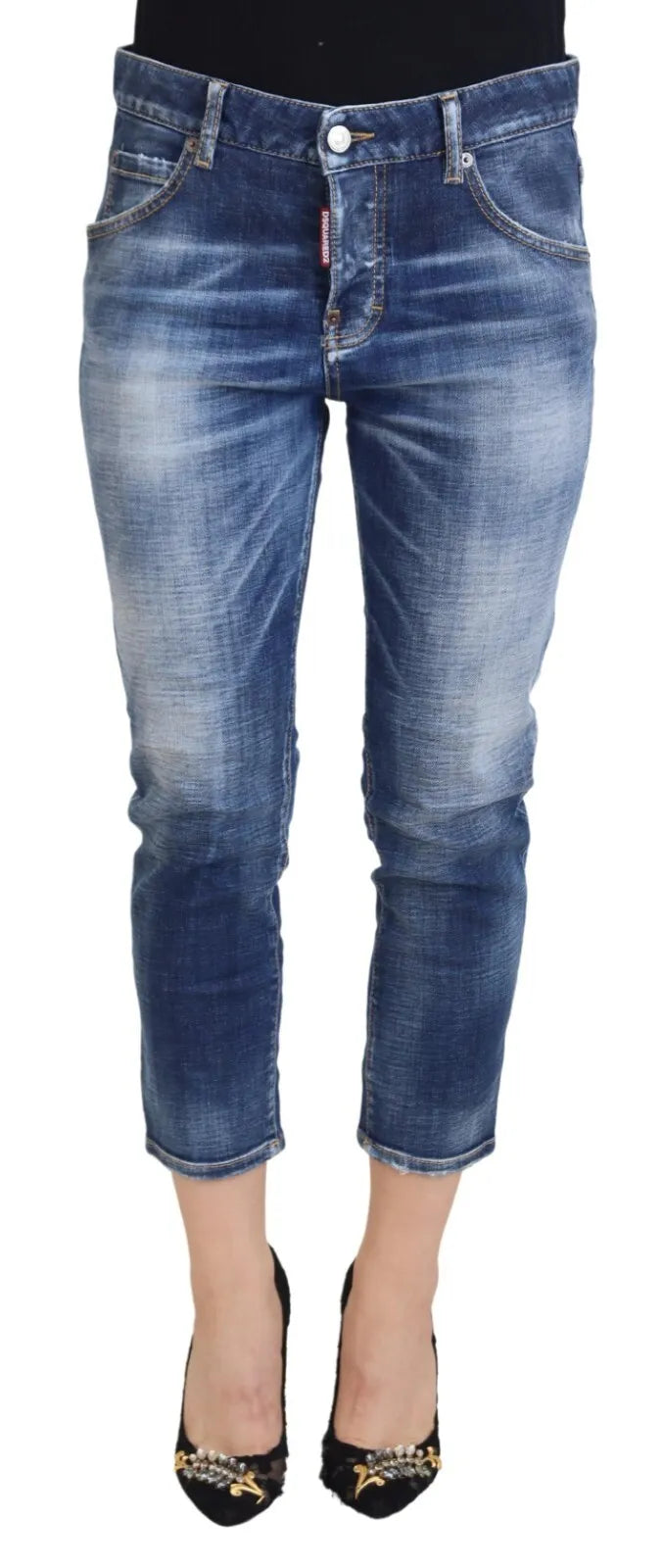 - Blue Cotton Mid Waist Cropped Denim Jeans Cool Girl