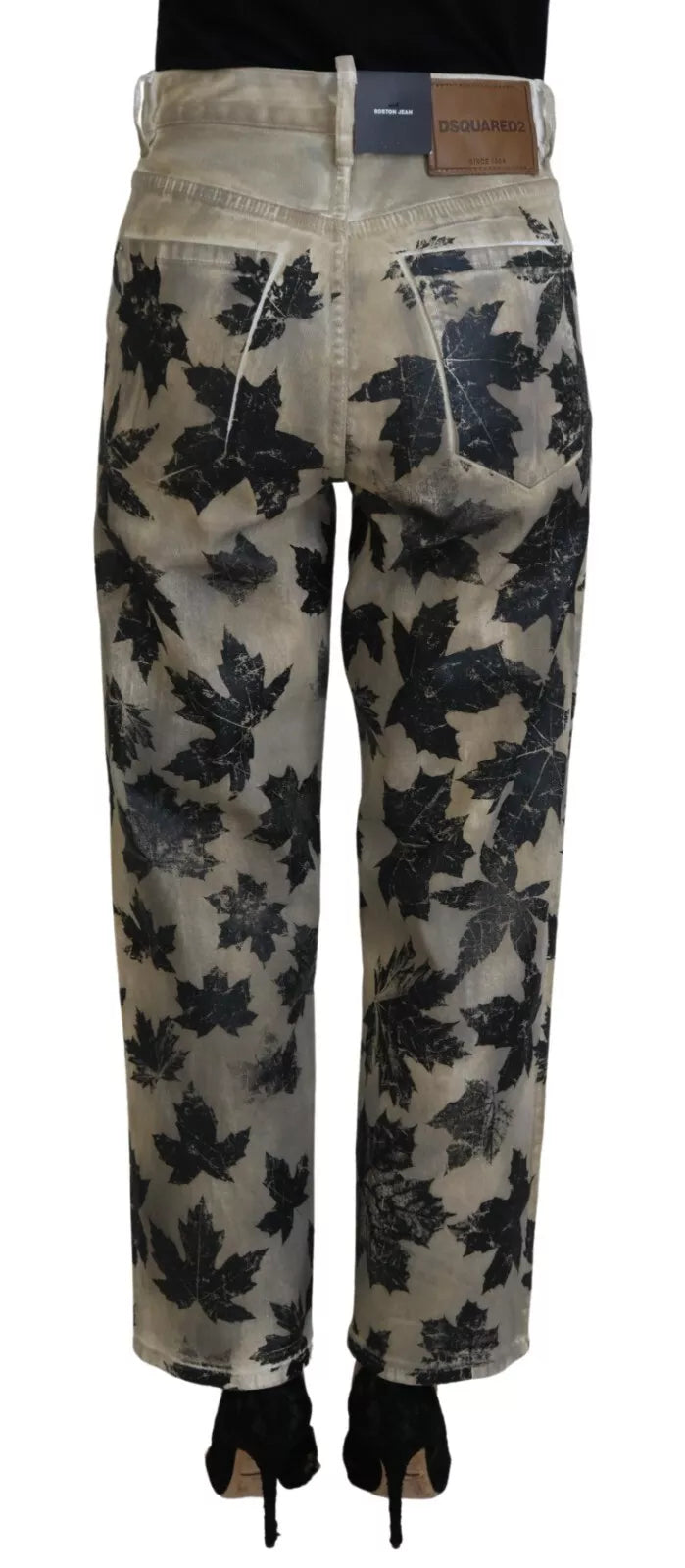 - Beige Leaves Cotton High Waist Denim Jeans Boston