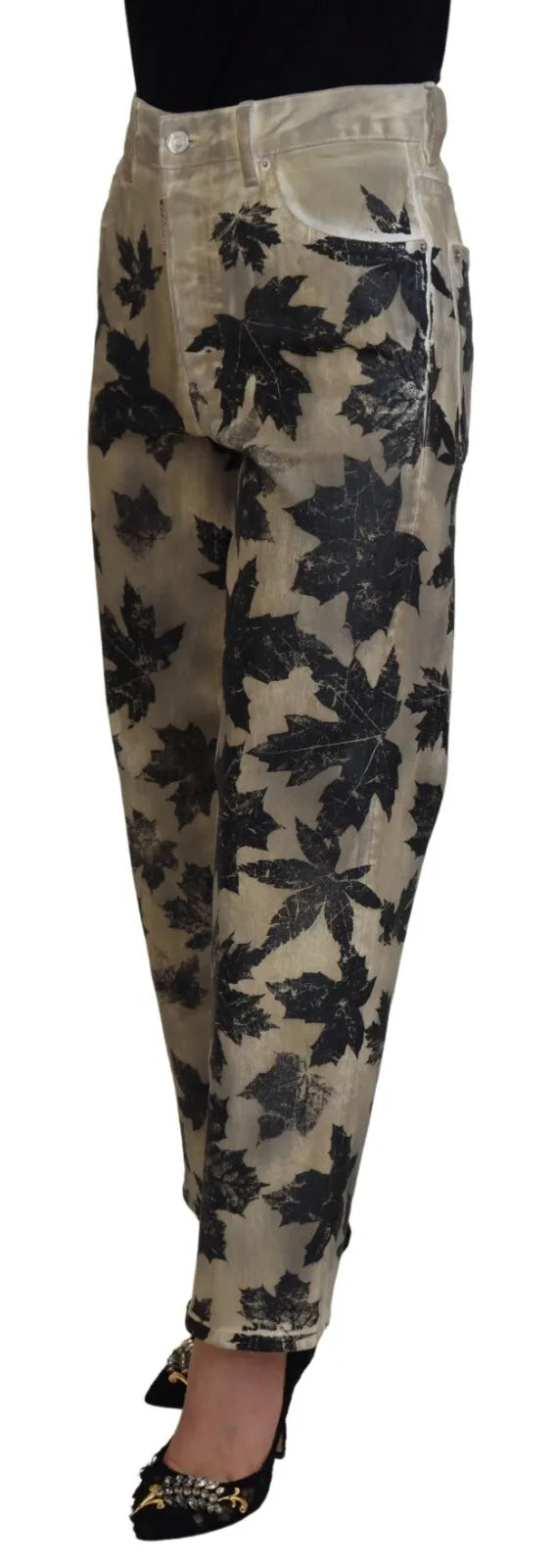 - Beige Leaves Cotton High Waist Denim Jeans Boston