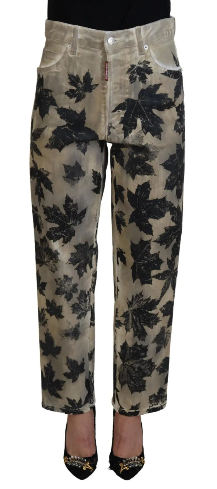 - Beige Leaves Cotton High Waist Denim Jeans Boston