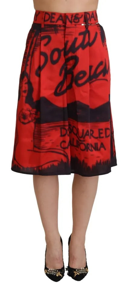 - Red Printed High Waist Wide Leg Cropped Pants