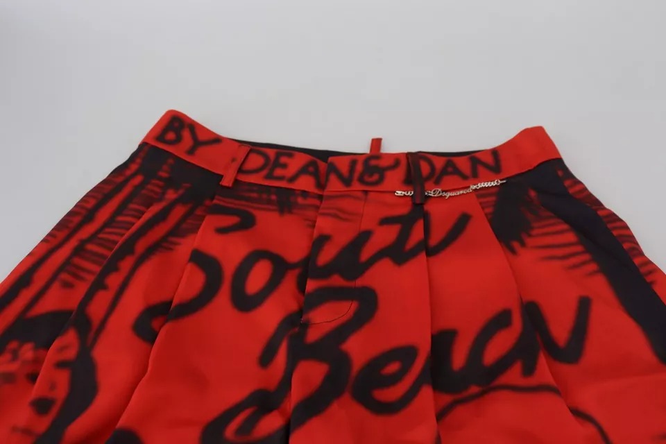 - Red Printed High Waist Wide Leg Cropped Pants