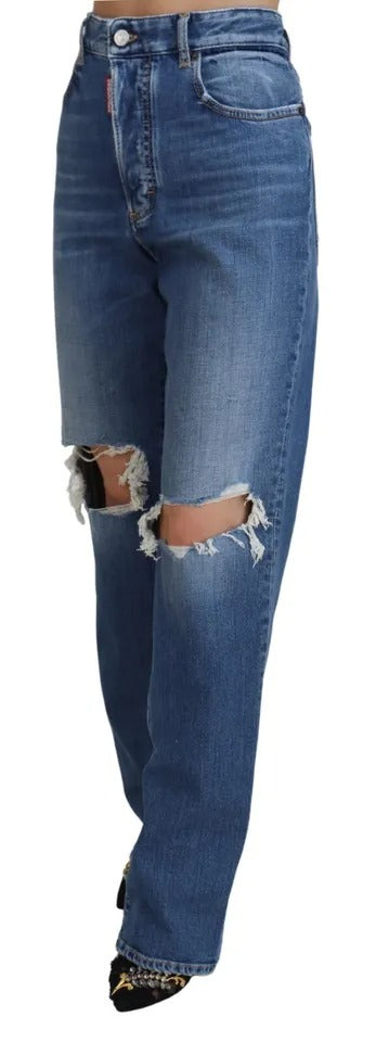 - Blue Distressed High Waist Straight Denim Jeans