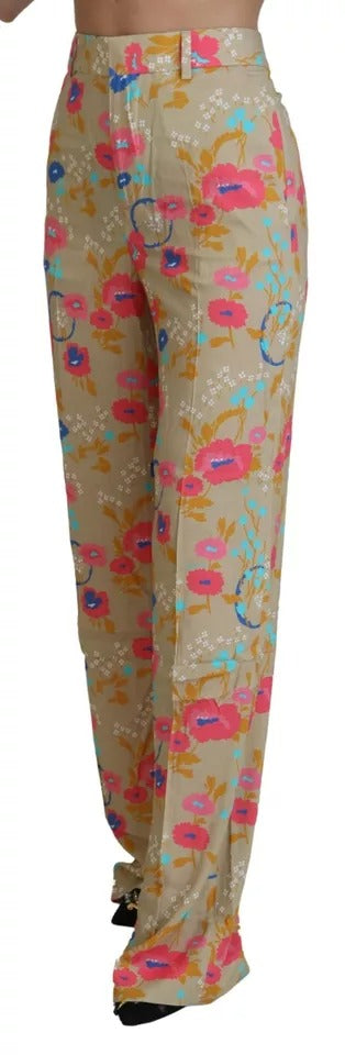 - Beige Floral High Waist Straight Pants