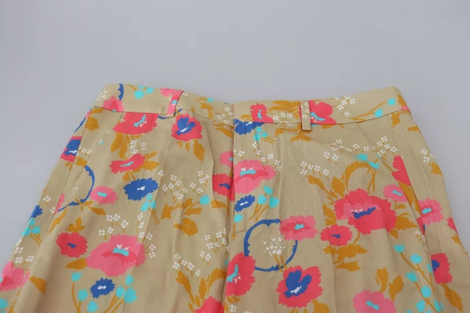 - Beige Floral High Waist Straight Pants