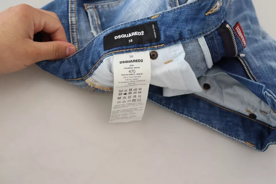 - Blue Washed Cotton Mid Waist Flared Denim Jeans