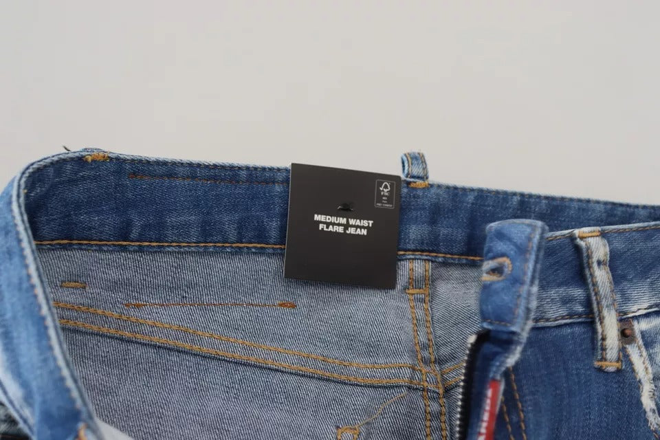 - Blue Washed Cotton Mid Waist Flared Denim Jeans